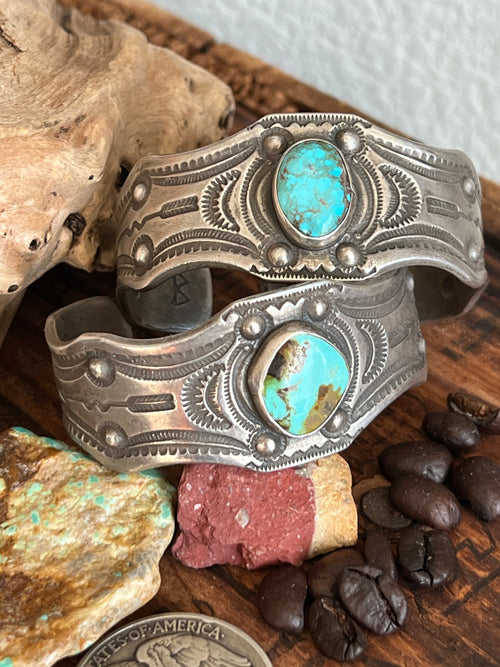 Hand Forged Old Pawn Sterling Silver & Turquoise Ingot Cuff Bracelets by Santa Fe Artist, Buffalo: The Twins