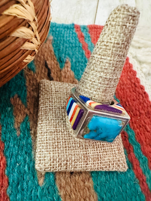 Old Pawn Handcrafted Multi Stone & Sterling Silver Inlay Ring Size 10.75