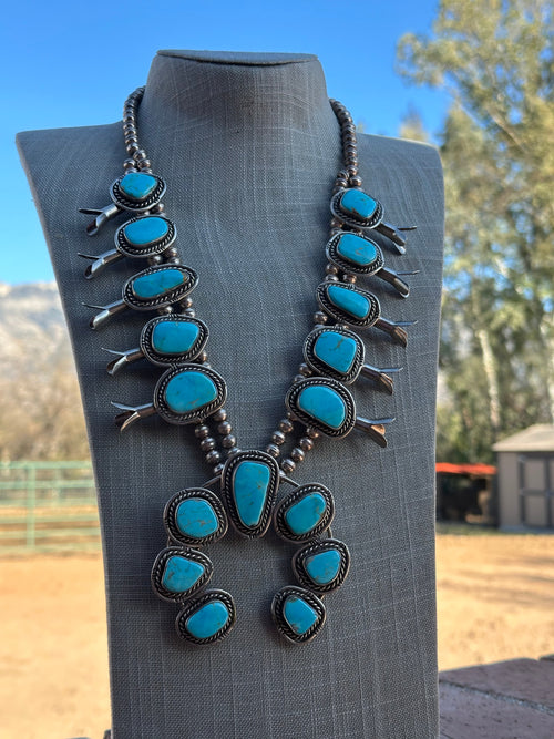 Estate Collection Old Pawn Turquoise & Sterling Silver Squash Blossom Necklace