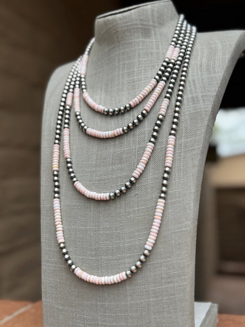 Handcrafted Sterling Silver Pearl & Queen Pink Conch Beaded Necklace 6mm