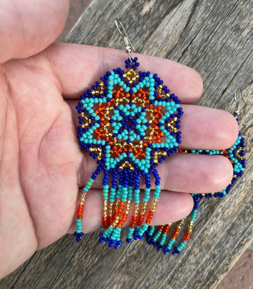 Handmade MultiColor Beaded Dangle Earrings (Blue, Turquoise, Orange)