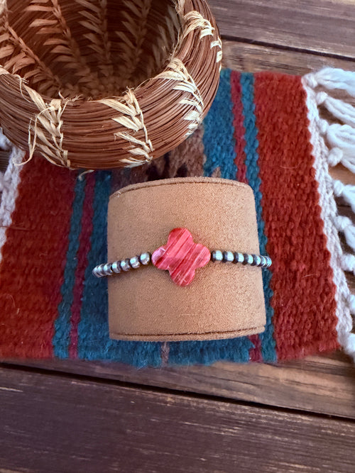 Handcrafted Spiny Oyster & Sterling Silver Pearl Cross Beaded Bracelet