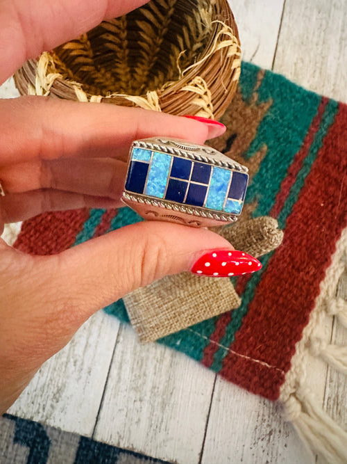 Handcrafted Old Pawn Sterling Silver, Onyx & Opal Inlay Ring Size 11.5