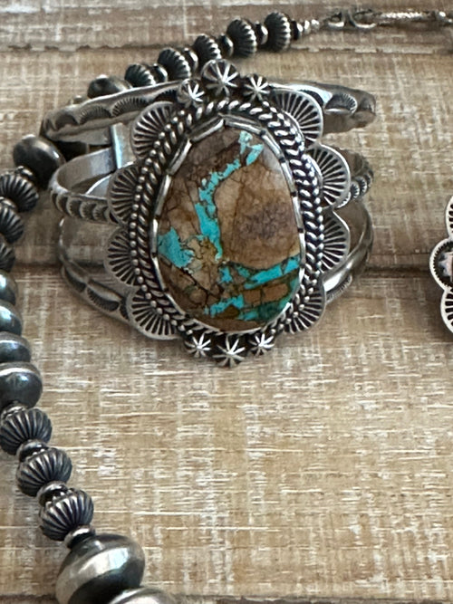 Charles Johnson Navajo Ribbon Turquoise & Sterling Silver Necklace, Bracelet and Ring Set Signed
