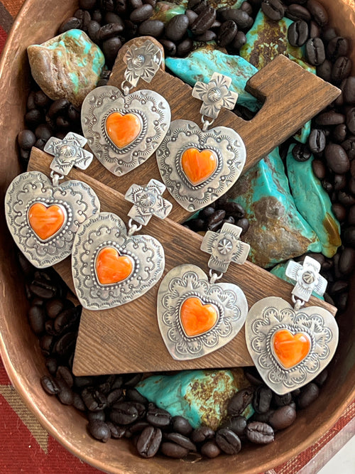 Apache Sterling Silver and Orange Spiny Oyster Shell Hand Stamped Heart Earrings by Rosella Paxson
