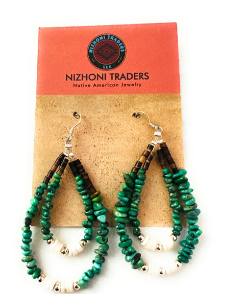 Handcrafted Turquoise, Shell & Heishi Beaded Hoop Earrings