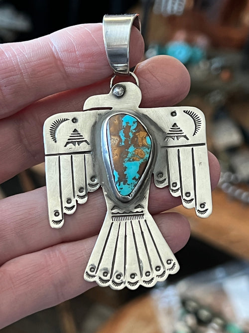 Hand Stamped Sterling Silver & Pilot Mountain Turquoise Thunderbird Pendant by Kimari Somers