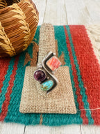 Handcrafted Old Pawn Sterling Silver, Turquoise, Spiny & Amethyst Adjustable Ring