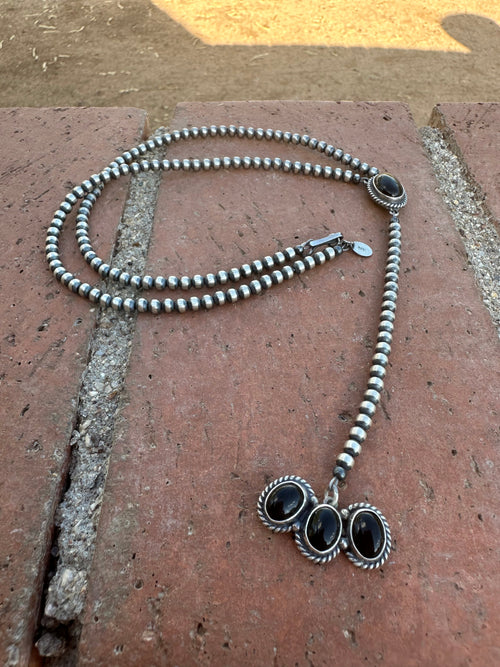 Handcrafted Onyx & Sterling Silver Pearl Beaded Lariat Necklace