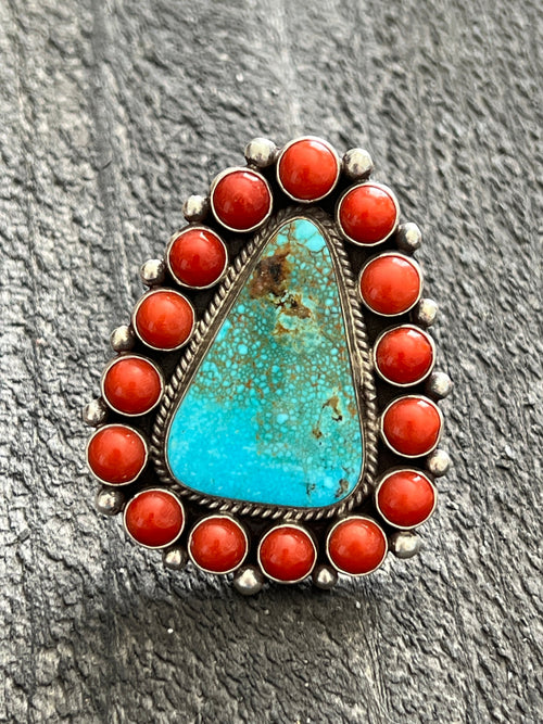 Handcrafted Sterling Silver, Kingman Turquoise and Mediterranean Coral Cluster Ring By Tyler Brown, Adjustable