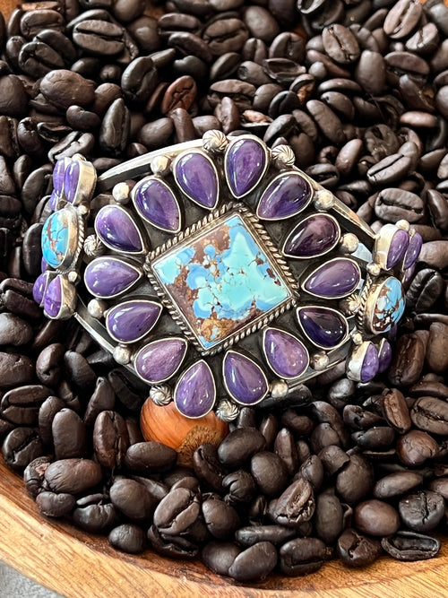 Handcrafted Sterling Silver, Charoite and Golden Hills Turquoise Cluster Cuff Bracelet by Tyler Brown /