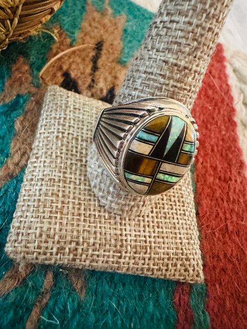 Old Pawn Navajo Sterling Silver & Multi Stone Inlay Ring Size 11.5