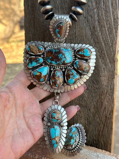 Charles Johnson Navajo Number 8 Turquoise & Sterling Silver Necklace, Bracelet and Ring Set Signed