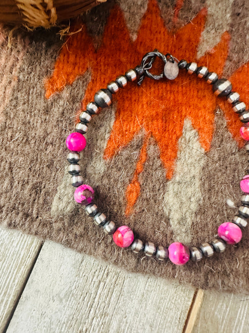 Handcrafted Pink Mojave and Sterling Silver Pearl Beaded Bracelet