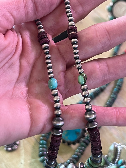 Navajo Electric Rainbow Sterling Silver, Turquoise and Purple Spiny Oyster Single Strand Beaded Necklace by Rose Martin, 16 + 2 Inches