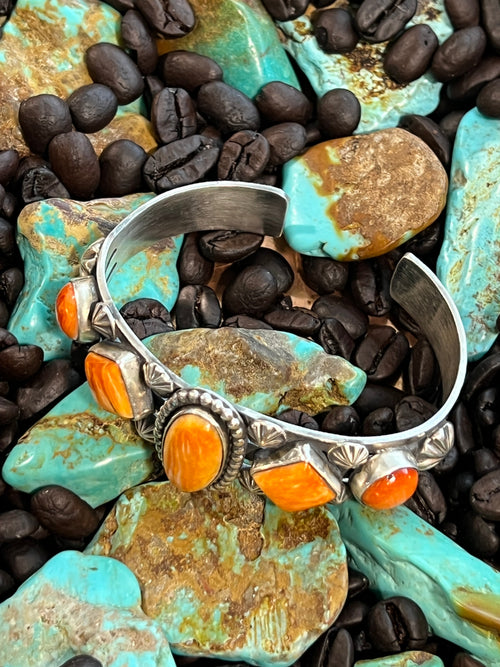 Apache Sterling Silver and Orange Spiny Oyster Shell Cuff Bracelet by Rosella Paxson