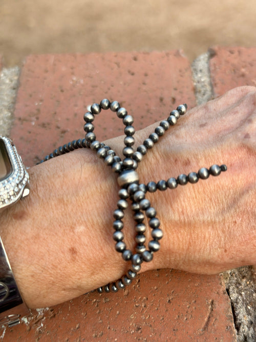 Handmade 4mm-8mm Sterling Silver Beaded Stretch Bow Bracelet Size 6-8 extender