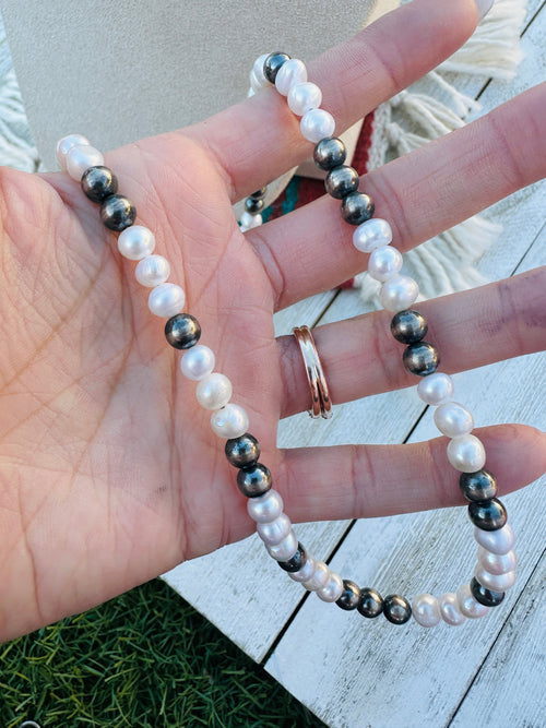 Sterling Silver Pearl & Freshwater Pearl 18” Beaded Necklace