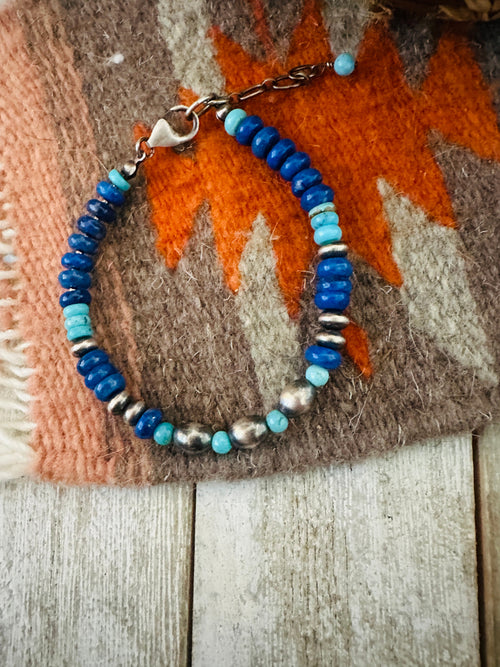 Navajo Sterling Silver Pearl, Lapis & Turquoise Beaded Bracelet
