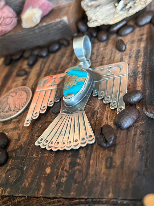 Hand Stamped Sterling Silver & Royston Turquoise Thunderbird Pendant by Kimari Somers