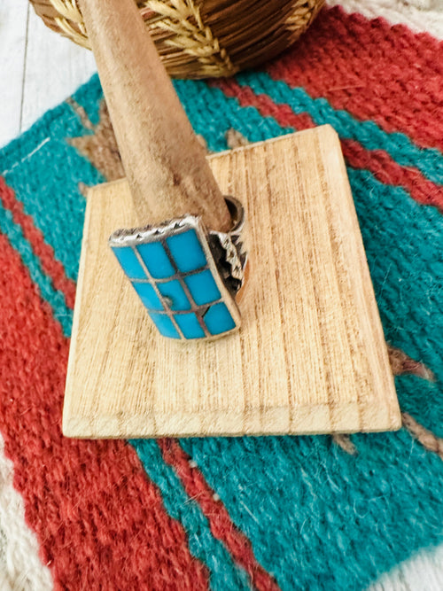 Old Pawn Vintage Handcrafted Sterling Silver & Turquoise Inlay Ring Size 12.5