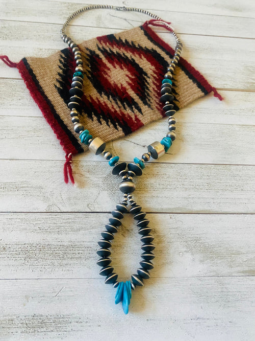 Handcrafted Turquoise & Sterling Silver Pearl Beaded Jacla Necklace