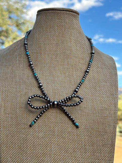 Handmade Sterling Silver & Turquoise Pearl Beaded 3-6 mm Bow Tie Necklace 16-18 inches