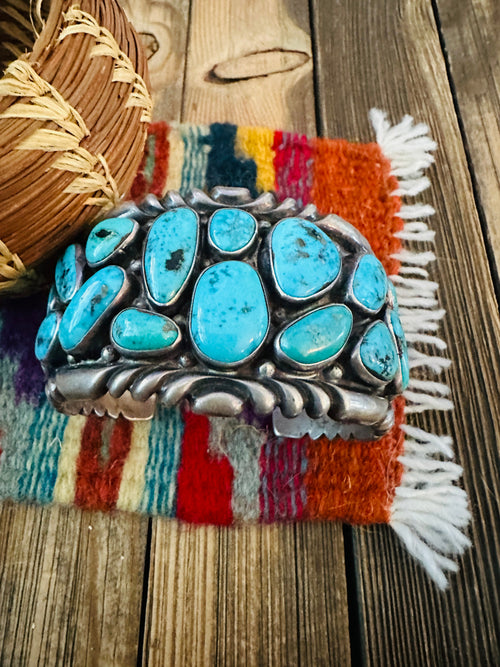 Handcrafted Old Pawn Sterling Silver & Turquoise Cluster Cuff Bracelet