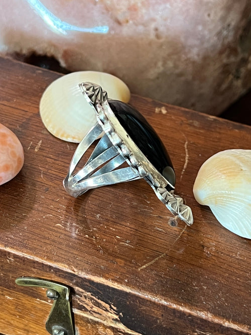 Apache Sterling Silver and Black Onyx Heart Ring by Rosella Paxson, Size 9.5