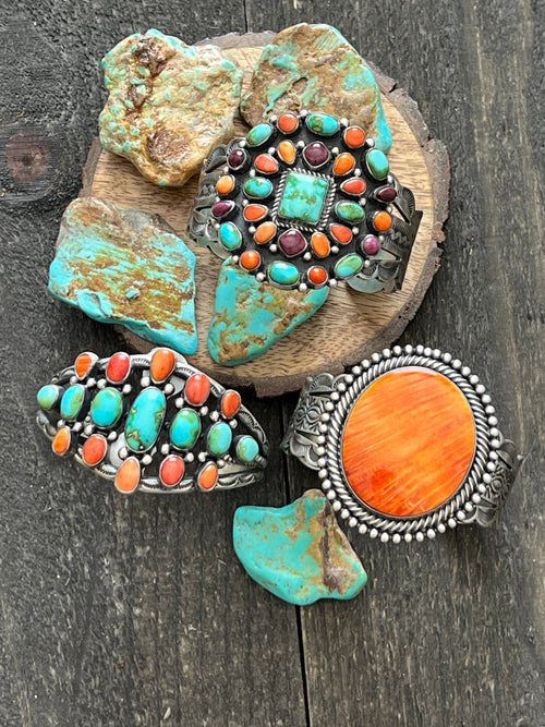 Handcrafted Sterling Silver Electric Rainbow Sonoran Turquoise and Spiny Oyster Cluster Cuff Bracelet by Murphy Platero