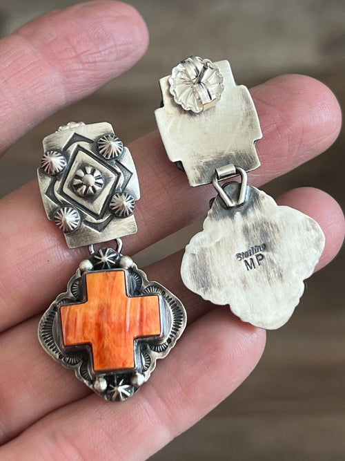 Navajo Sterling Silver and Orange Spiny Oyster Shell Santa Fe Cross Earrings by Murphy Platero