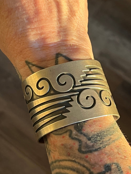 Handcrafted Old Pawn Sterling Silver Water Design Overlay Cuff, Unsigned