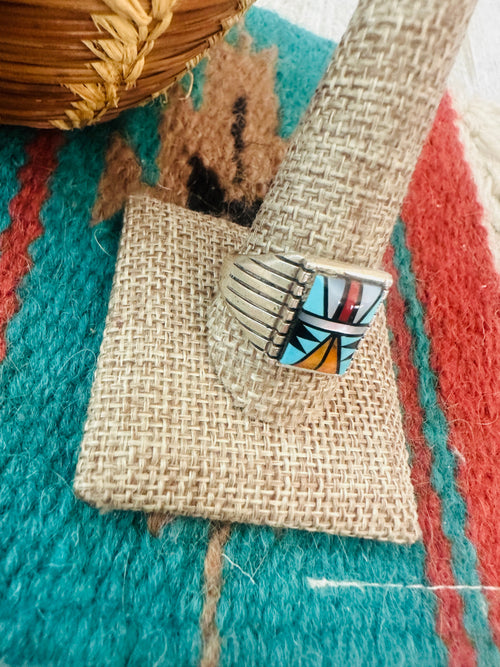 Handcrafted Old Pawn Sterling Silver & Multi Stone Inlay Ring Size 12