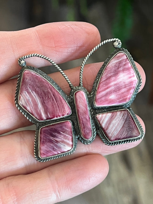 Old Pawn Navajo Sterling Silver and Purple Spiny Oyster Butterfly Ring by Anthony Skeets, Size 11