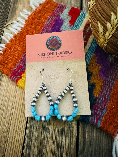 Handcrafted Turquoise & Sterling Silver Pearl Beaded Dangle Hoop Earrings