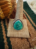 Old Pawn Handcrafted Turquoise & Sterling Silver Ring Size 13.75