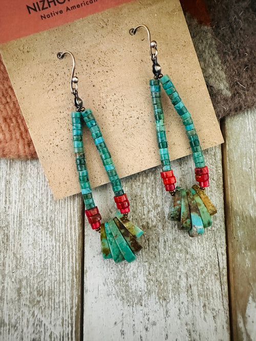Navajo Turquoise, Coral & Sterling Silver Beaded Hoop Earrings