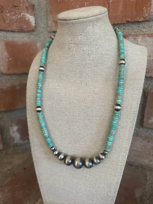 Handmade Sterling Silver & Turquoise Beaded Necklace 18-20”