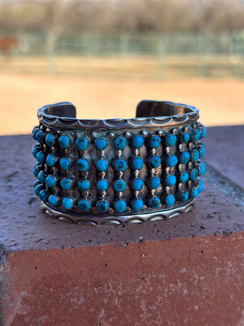 Estate Collection Old Pawn Navajo Sterling Silver & Turquoise Snake Eye Cuff Bracelet /
