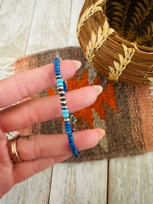 Navajo Sterling Silver Pearl, Lapis & Turquoise Beaded Bracelet