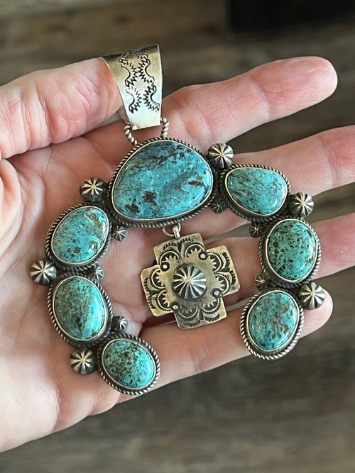 Apache Made Sterling Silver and Egyptian Turquoise Naja Pendant by Rosella Paxson