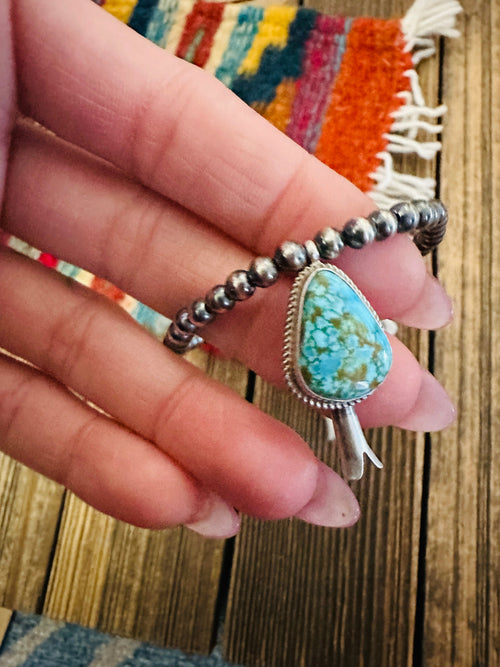 Handcrafted 3mm Sterling Silver Pearl & Turquoise Blossom Stretch Bracelet