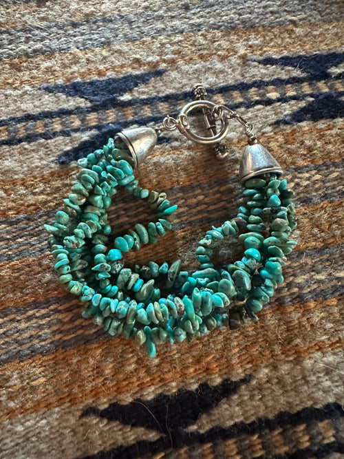 Old Pawn Navajo 5 Strand Turquoise And Sterling Silver Beaded Bracelet