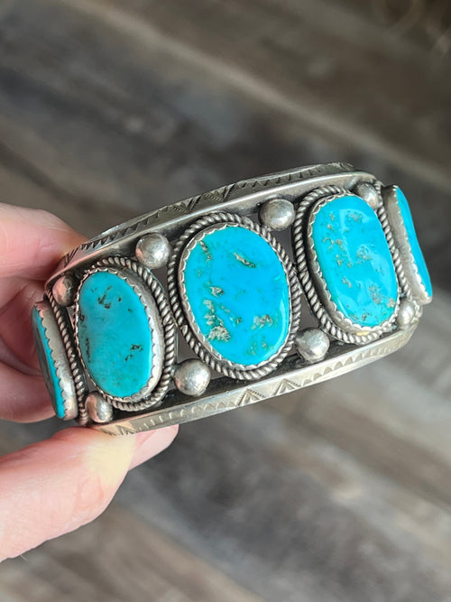 Old Pawn Sterling Silver and Natural Sleeping Beauty Turquoise Cuff Bracelet, Signed /