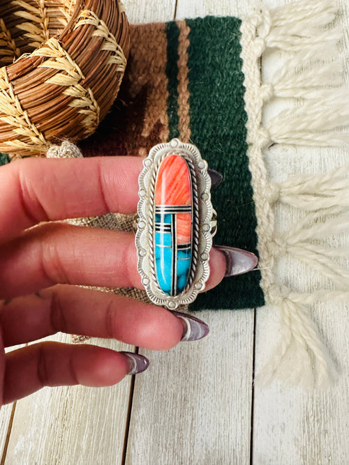 Old Pawn Handcrafted Multi Stone & Sterling Silver Inlay Ring Size 8.5