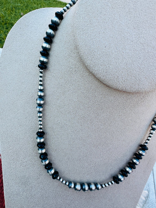 Handcrafted Sterling Silver Pearl & Onyx Beaded 16” Necklace