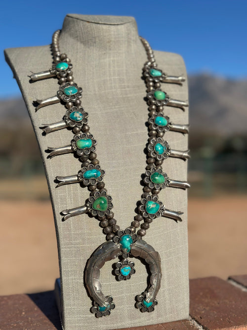 Estate Collection Old Pawn Turquoise & Sterling Silver Squash Blossom Necklace