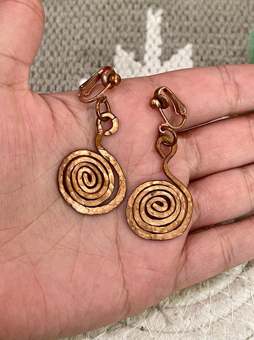Vintage Handmade Copper Dangle Swirl Clip On Earrings
