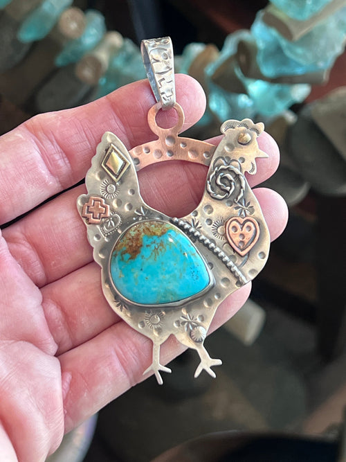 The Nizhoni Cluckers: Hand Stamped and Layered Sterling Silver, Brass, Copper & Kingman Turquoise Chicken Pendants by Kimari Somers