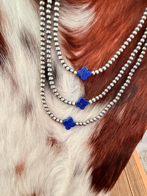Handcrafted Lapis and Sterling Silver Pearl Quatrefoil Beaded Necklace